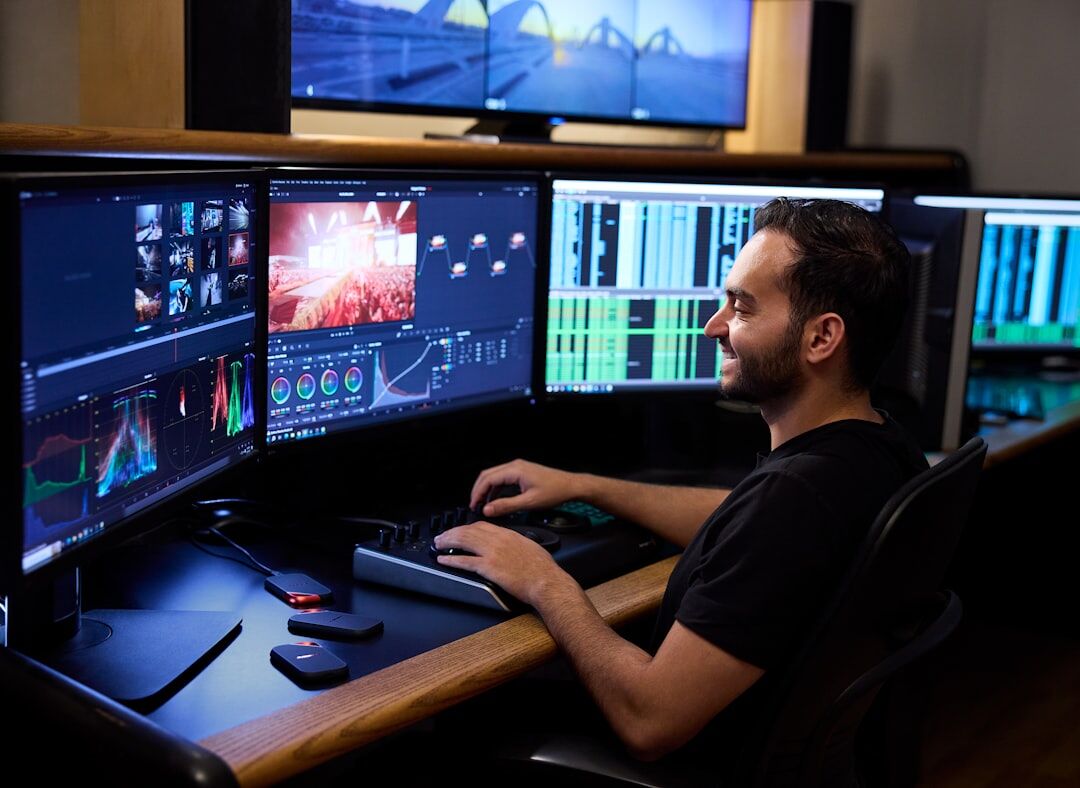 Professional video editing workstation with dual monitors